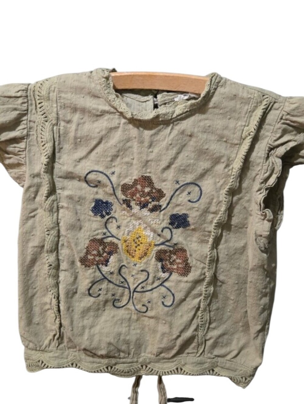 MINE Embroidered Boho Peasant Top Swiss Dot Crochet Trim Flutter Sleeve Size M
